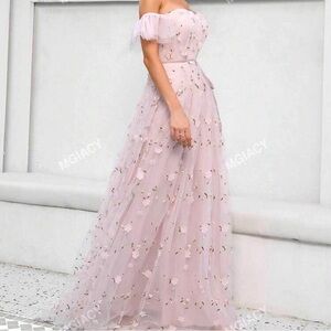 Mgiacy Blush Pink Floral Off-the-Shoulder Summer Dress Sheer Fairycore Appliqué